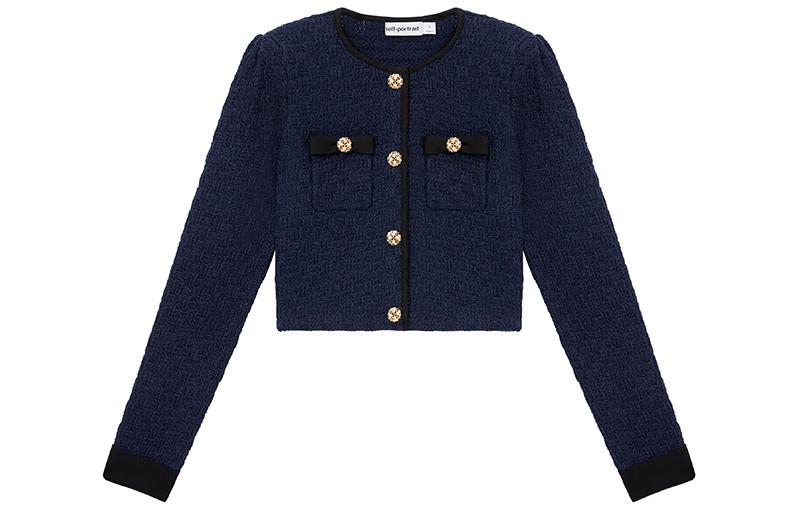 (Women) Self-Portrait  Solid Color Button-Up Knit Cardigan - Navy Blue swf351m02700