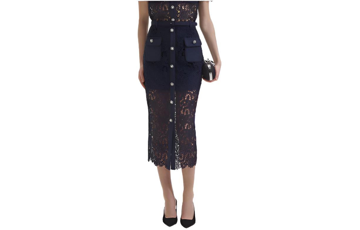 (Women) Self-Portrait  Solid Lace Midi Casual Skirt - Navy Blue SWF352Q03200