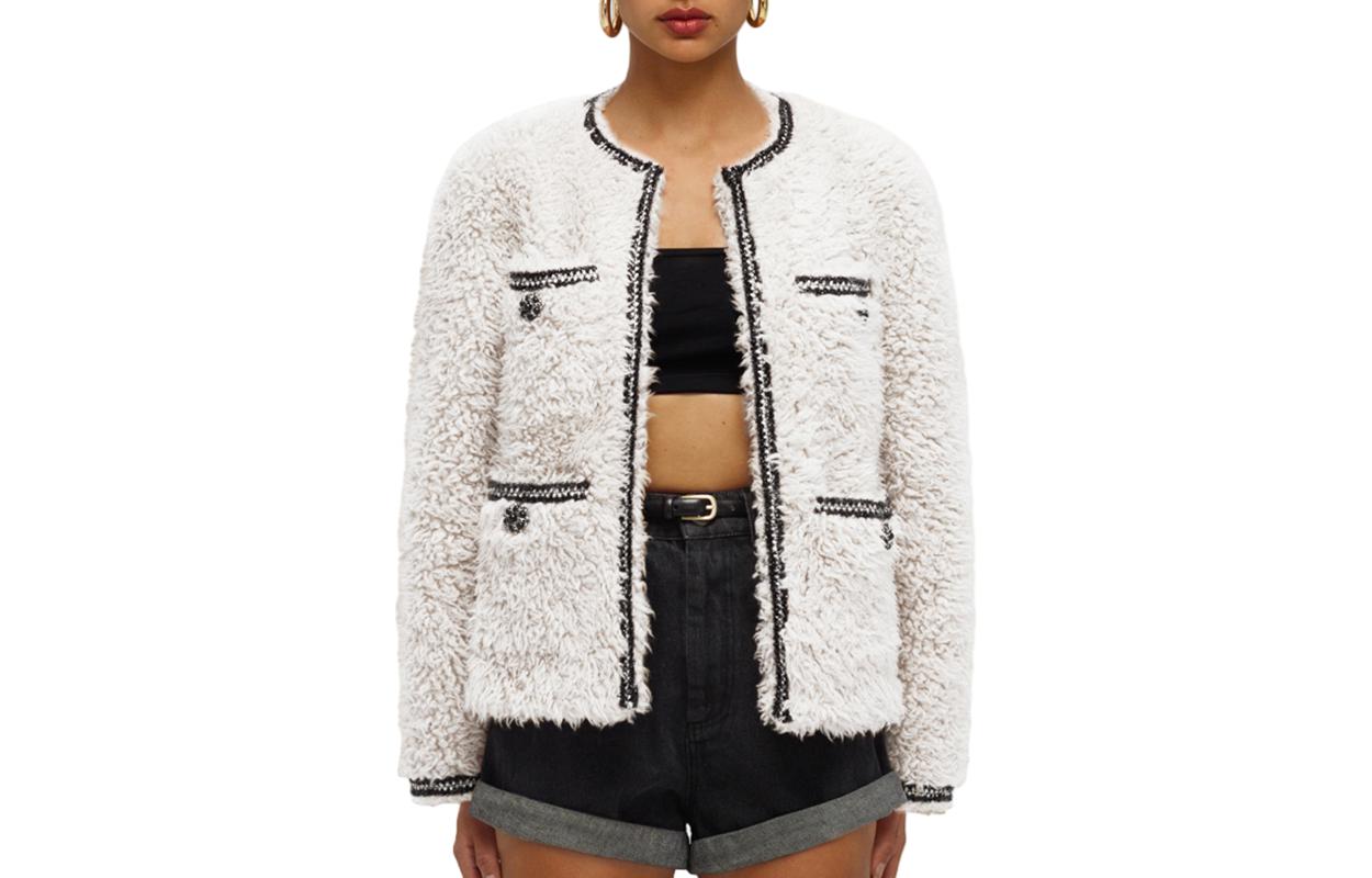 (Women) Self-Portrait  Solid White Long Sleeve Fleece Coat with Button Closure. SWF351D00100