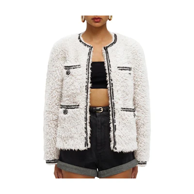 (Women) Self-Portrait Solid White Long Sleeve Fleece Coat with Button Closure. SWF351D00100