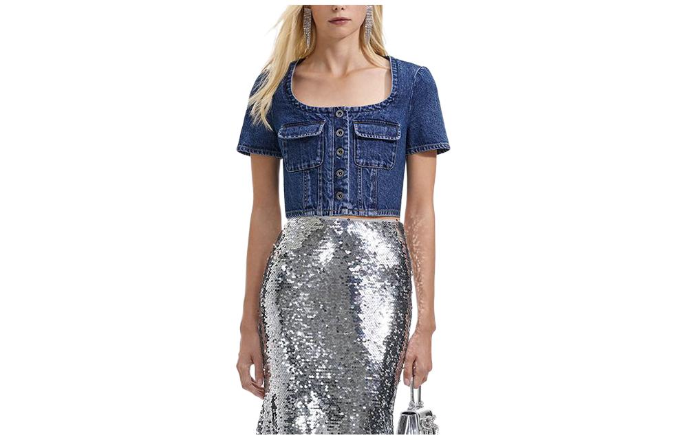 (Women) Self-Portrait  Square Neck Slim Fit Short-Sleeve Denim Jacket Blue SWF351C00300