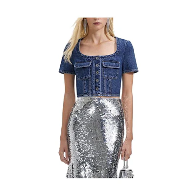 (Women) Self-Portrait Square Neck Slim Fit Short-Sleeve Denim Jacket Blue SWF351C00300