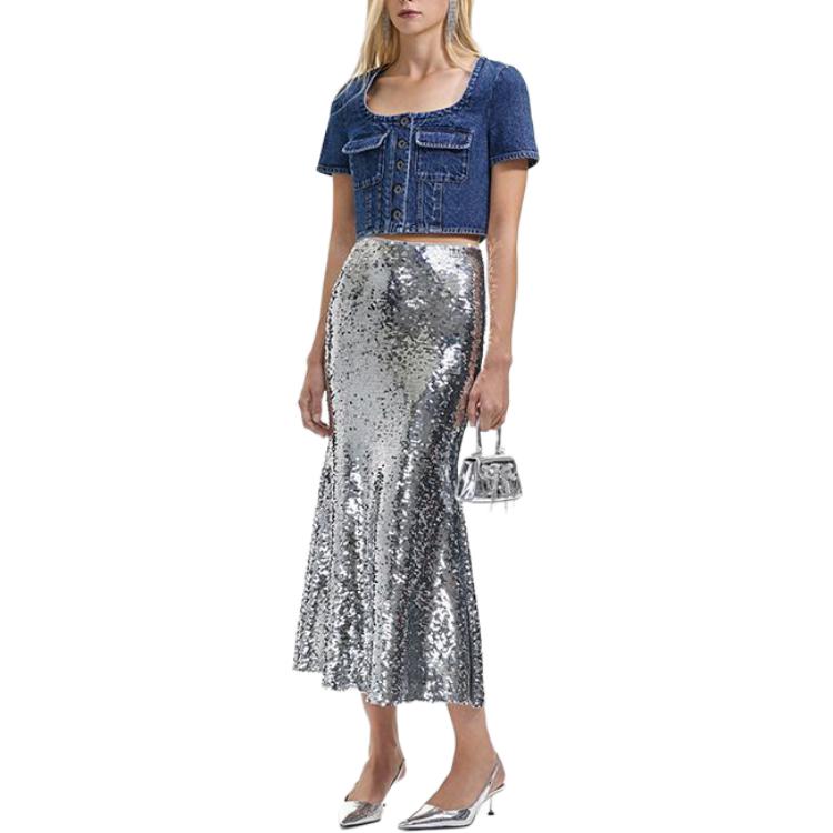 (Women) Self-Portrait  Square Neck Slim Fit Short-Sleeve Denim Jacket Blue SWF351C00300 圖 3