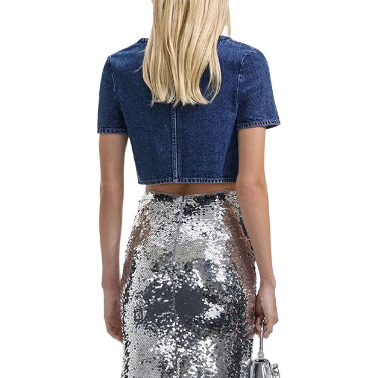 (Women) Self-Portrait  Square Neck Slim Fit Short-Sleeve Denim Jacket Blue SWF351C00300 圖 4