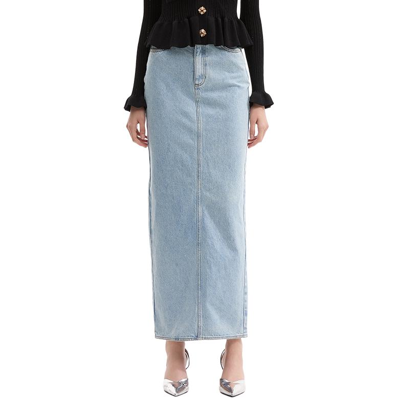 Order (Women) Self-Portrait  Straight Denim Long Skirt Light Blue SWF353Q01200