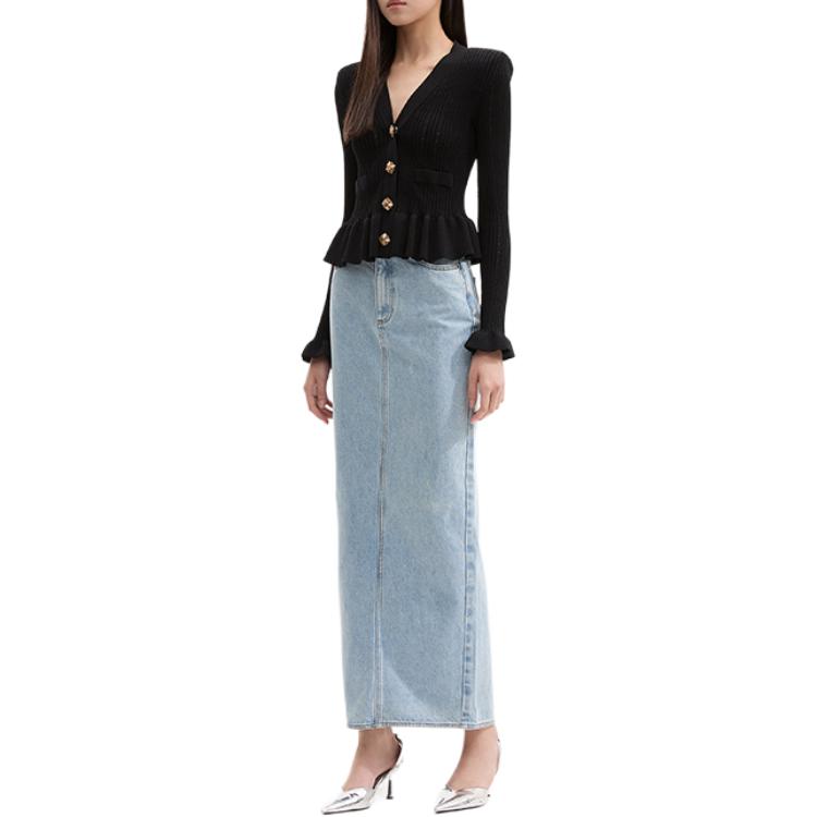Lookbook (Women) Self-Portrait  Straight Denim Long Skirt Light Blue SWF353Q01200