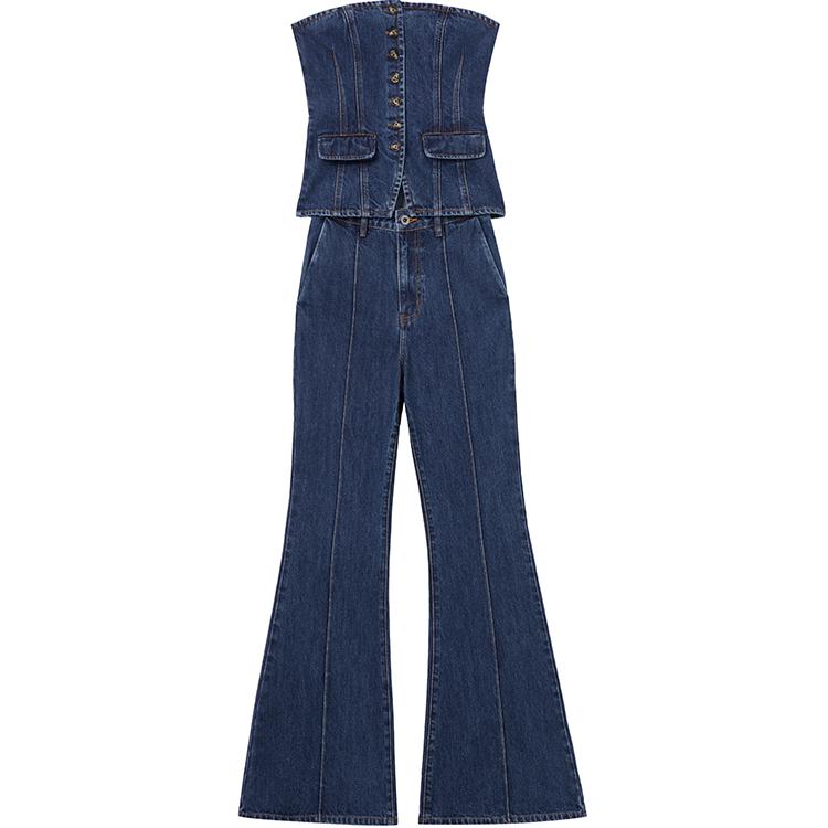 (Women) Self-Portrait  Strapless High-Waist Flared Denim Jumpsuit Blue. SWF353K01900