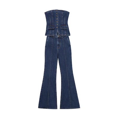 (Women) Self-Portrait Strapless High-Waist Flared Denim Jumpsuit Blue. SWF353K01900