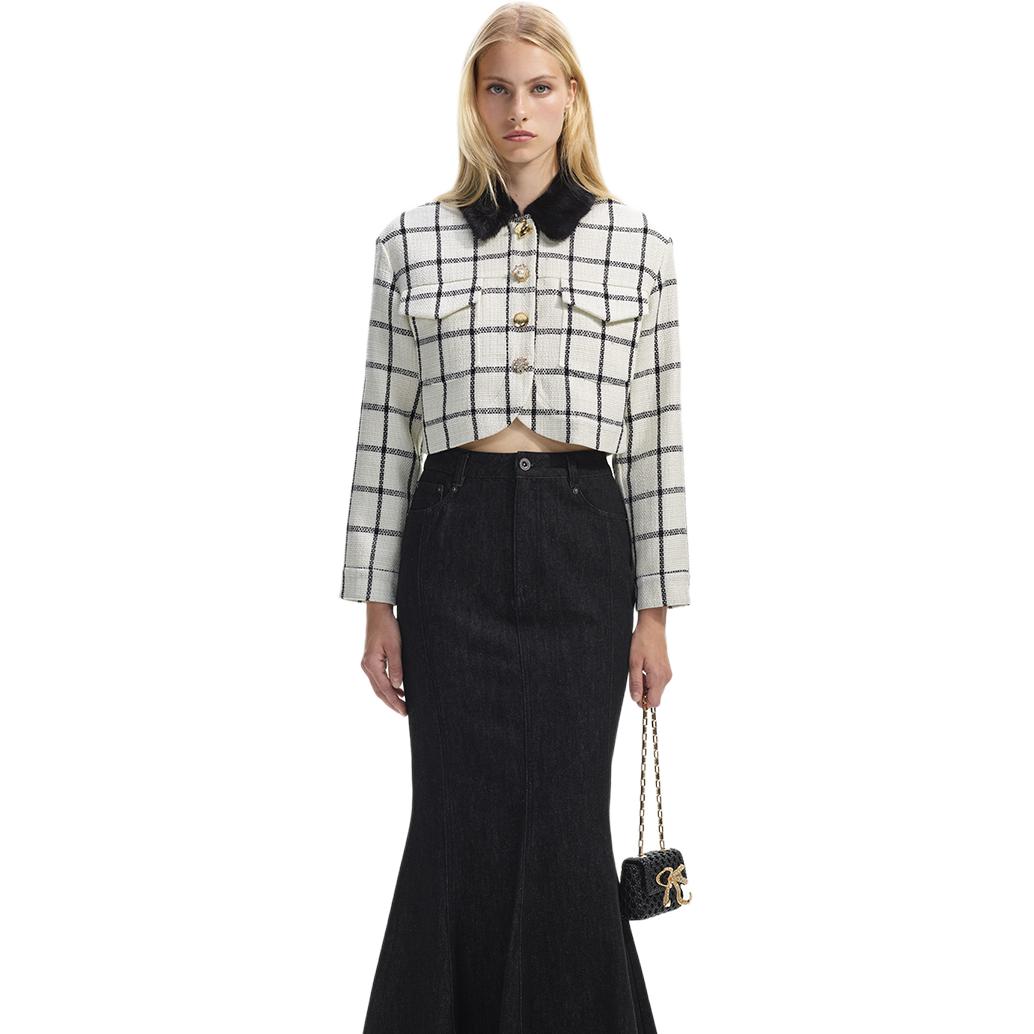 (Women) Self-Portrait  Tweed Checkered Curved Hem Blazer Jacket - White Plaid SWF351T01200 圖 4