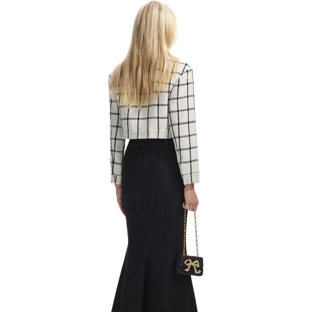 (Women) Self-Portrait  Tweed Checkered Curved Hem Blazer Jacket - White Plaid SWF351T01200 圖 5