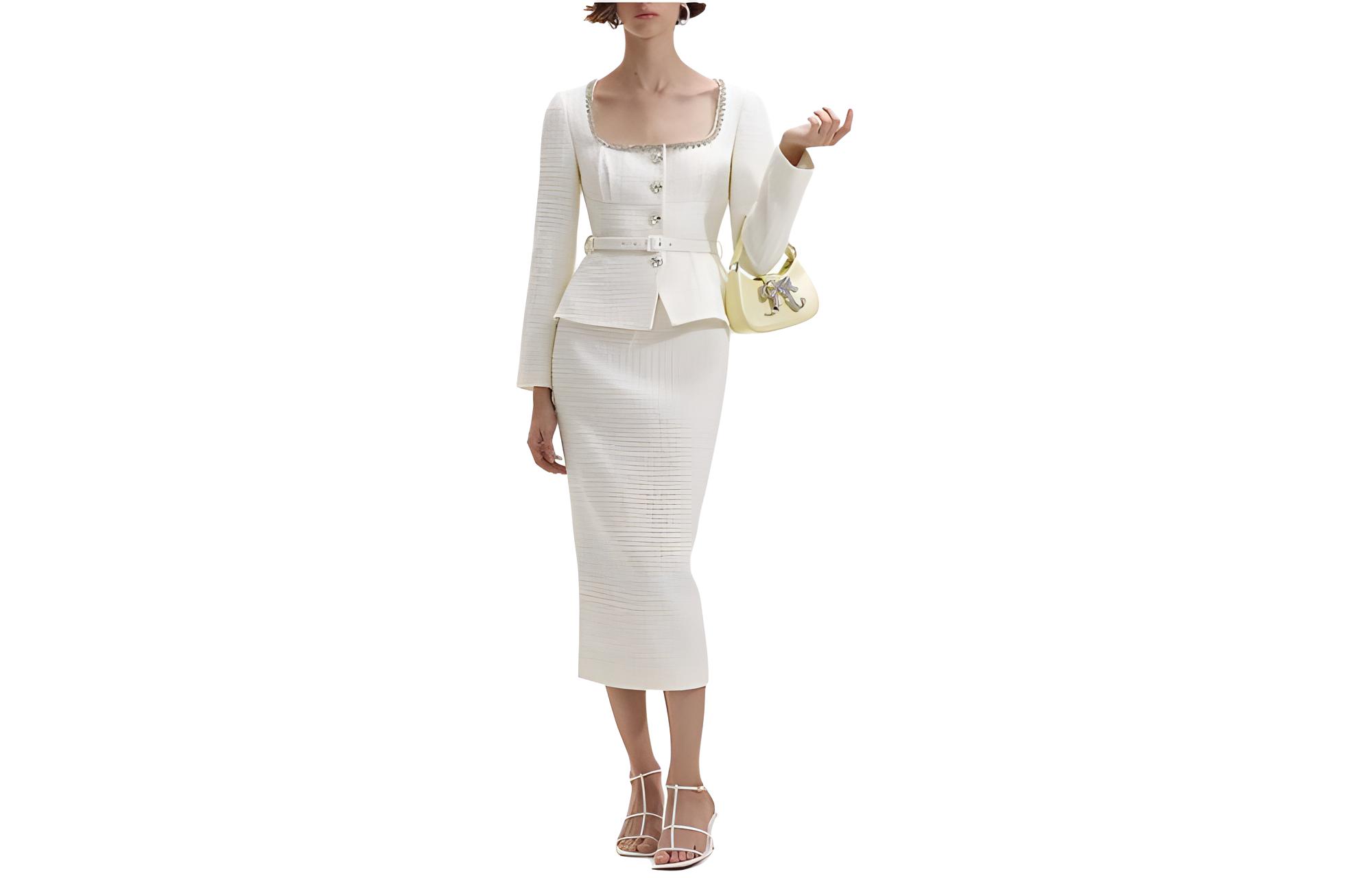 (Women) Self-Portrait  Tweed Midi Dress Long Sleeve Solid White Elegant Style SWF352Y23600