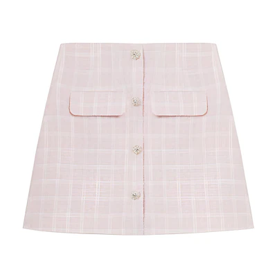 (Women) Self-Portrait Tweed Mini Skirt - Red Pink Plaid Casual Style. SWF352Q02800