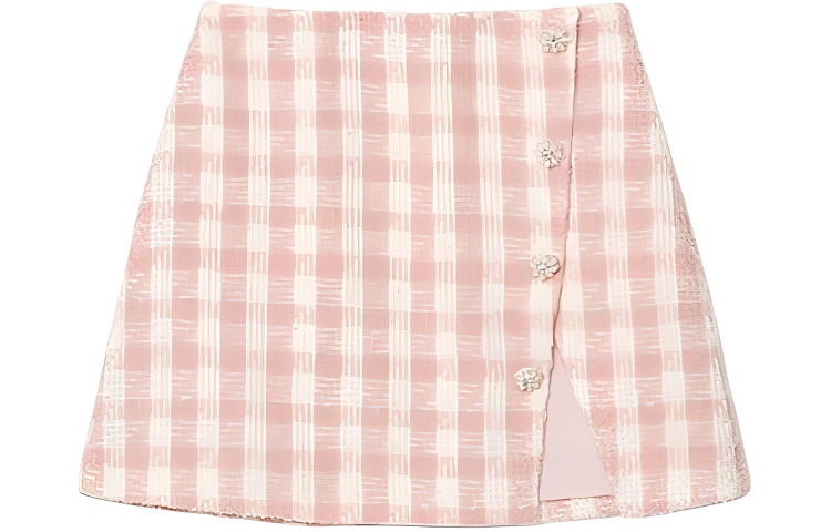 (Women) Self-Portrait  Tweed Plaid A-Line Slit Skirt - Red Pink Plaid. SWF352Q02400