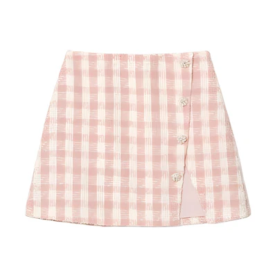 (Women) Self-Portrait Tweed Plaid A-Line Slit Skirt - Red Pink Plaid. SWF352Q02400
