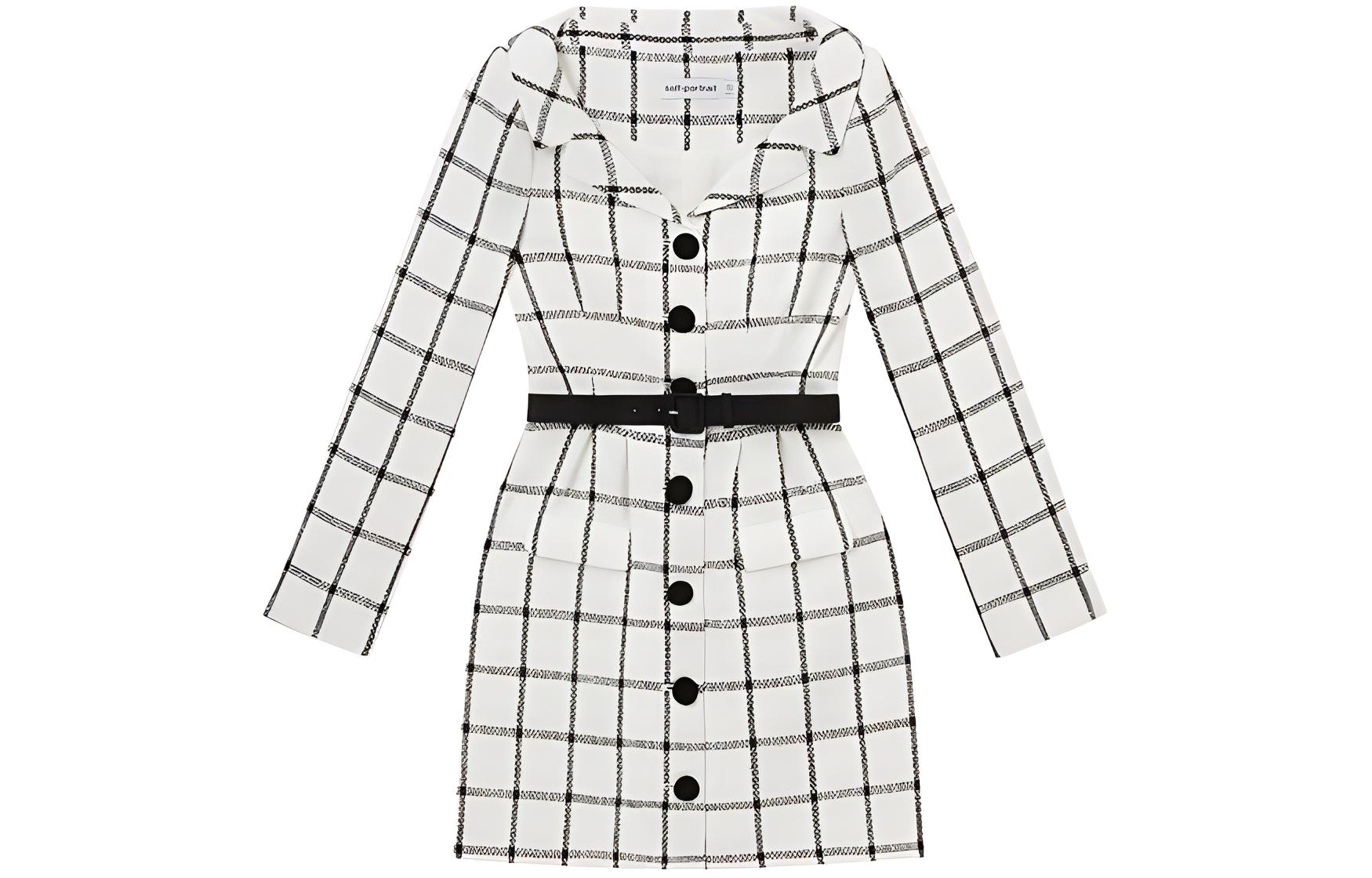 (Women) Self-Portrait  Tweed Plaid Long Sleeve Dress - White Grid Pattern SWF351Y02100