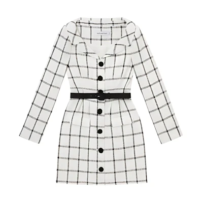 (Women) Self-Portrait Tweed Plaid Long Sleeve Dress - White Grid Pattern SWF351Y02100