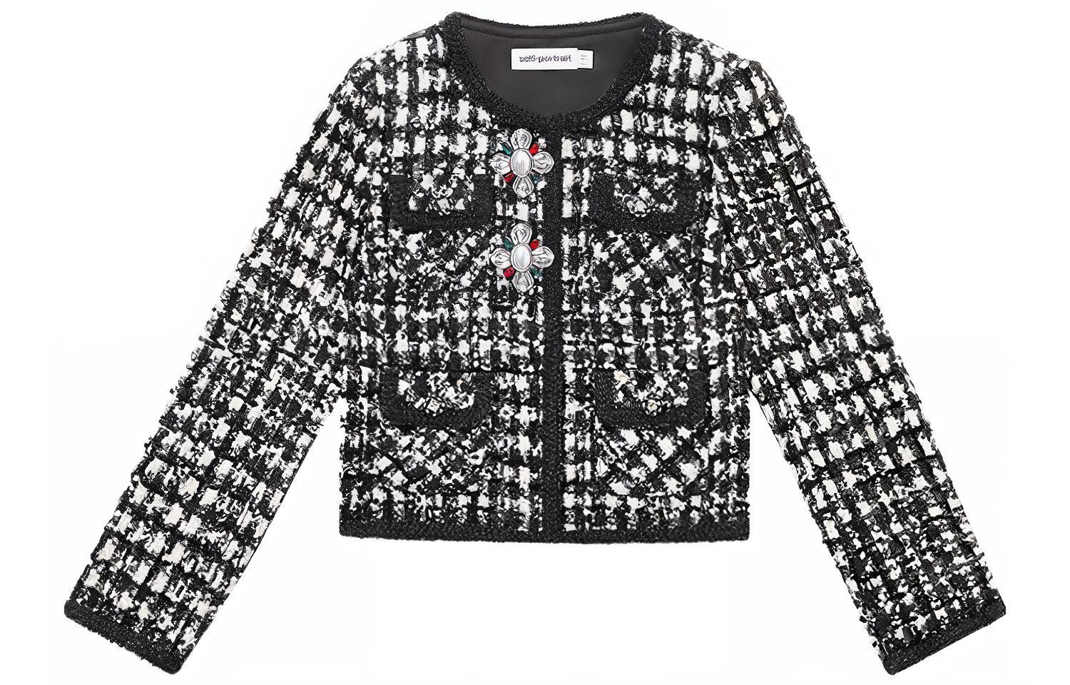 (Women) Self-Portrait  Tweed Plaid Short Jacket with Rhinestone Buttons - Black/White SWF344T01800