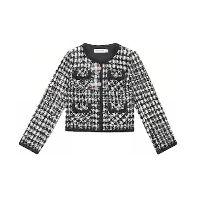 (Women) Self-Portrait Tweed Plaid Short Jacket with Rhinestone Buttons - Black/White SWF344T01800