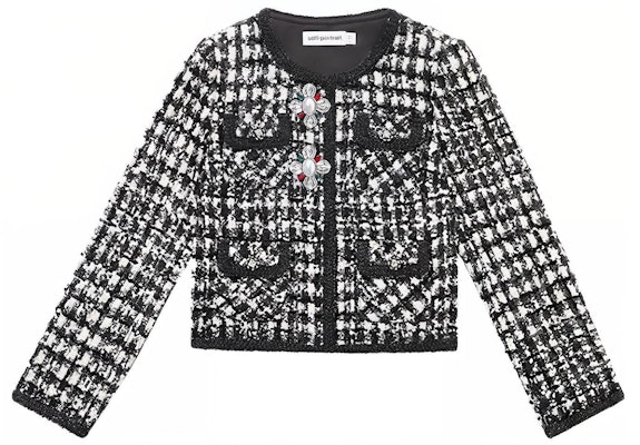 (Women) Self-Portrait Tweed Plaid Short Jacket with Rhinestone Buttons - Black/White SWF344T01800 Order (Women) Self-Portrait Tweed Plaid Short Jacket with Rhinestone Buttons - Black/White SWF344T01800