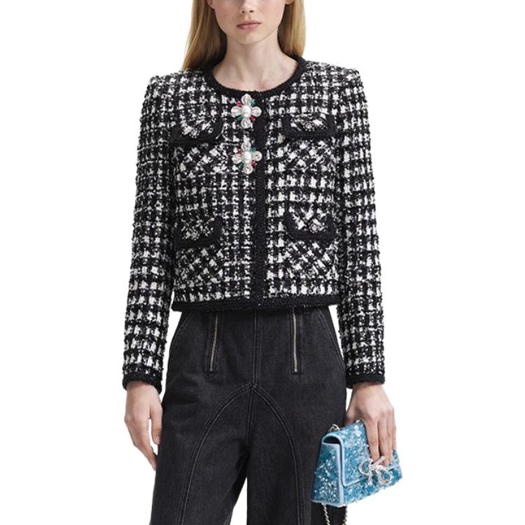 (Women) Self-Portrait  Tweed Plaid Short Jacket with Rhinestone Buttons - Black/White SWF344T01800 圖 3