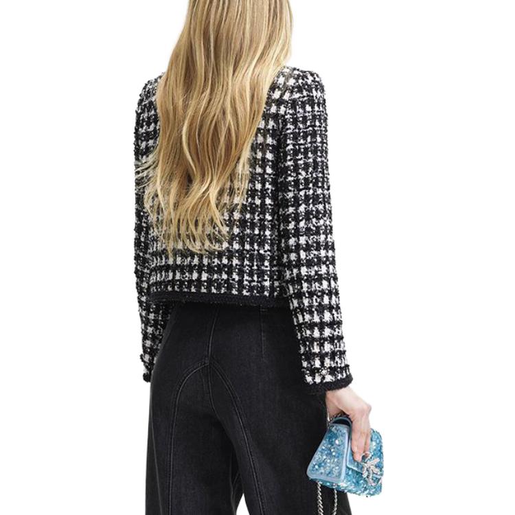 (Women) Self-Portrait  Tweed Plaid Short Jacket with Rhinestone Buttons - Black/White SWF344T01800 圖 4