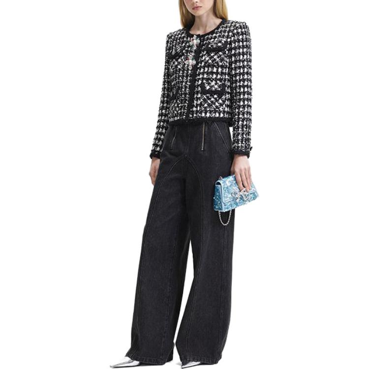 (Women) Self-Portrait  Tweed Plaid Short Jacket with Rhinestone Buttons - Black/White SWF344T01800 圖 5