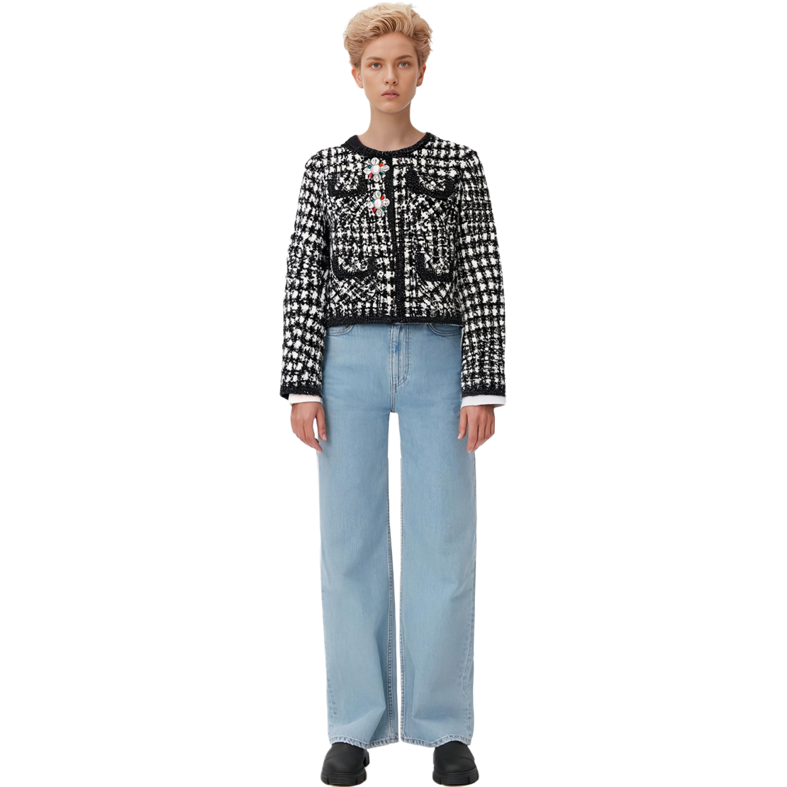 (Women) Self-Portrait  Tweed Plaid Short Jacket with Rhinestone Buttons - Black/White SWF344T01800 圖 6