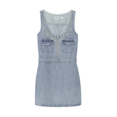 (Women) Self-Portrait U-Neck Sleeveless Denim Blue Mini Dress. SWF353Y06500