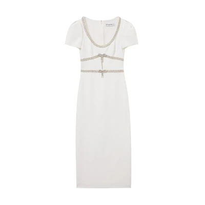 (Women) Self-Portrait U-Neck Slim Midi Dress - Pure White Short Sleeve SWF353Y05300