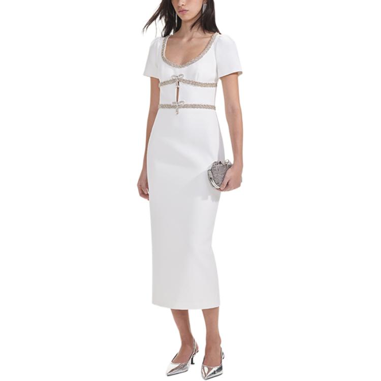 (Women) Self-Portrait  U-Neck Slim Midi Dress - Pure White Short Sleeve SWF353Y05300 圖 5