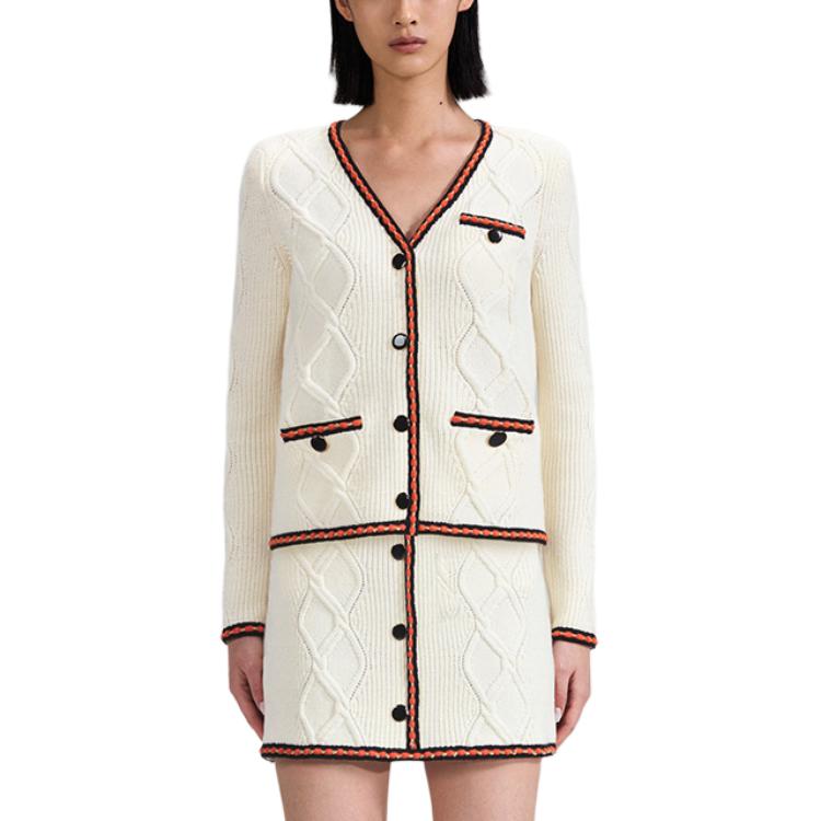 (Women) Self-Portrait  V-Neck Button-Up Knit Cardigan Ivory White SWF342M05300