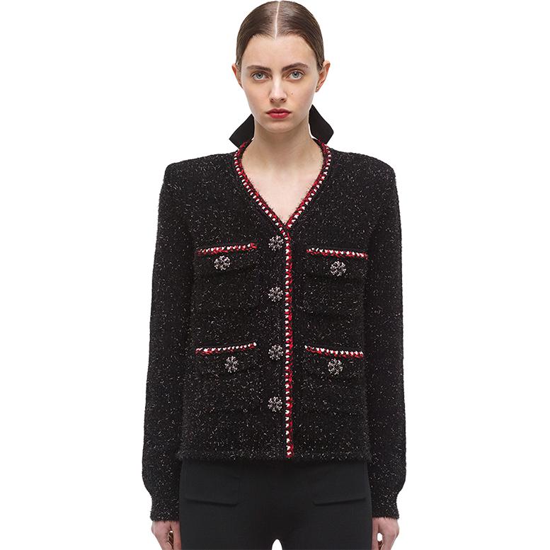 (Women) Self-Portrait  V-Neck Chic Knit Cardigan Jacket - Classic Black. SWF336M12200