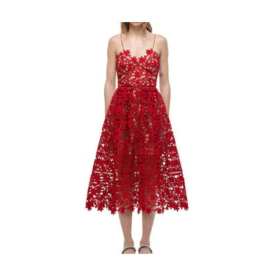 (Women) Self-Portrait V-Neck High-Waist Slip Dress France Red SWF325Y13200