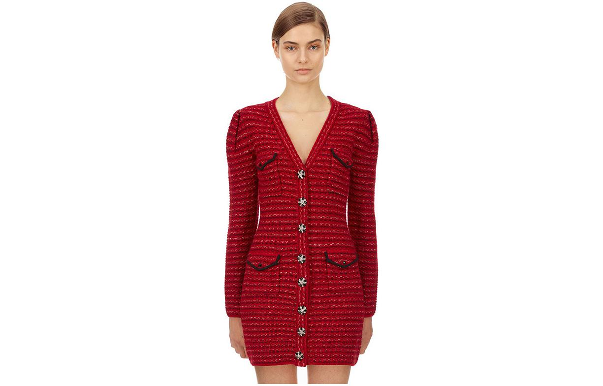 (Women) Self-Portrait  V-Neck Knit Dress Burgundy - Elegant Wedding Bridesmaid Outfit SWF325M11900