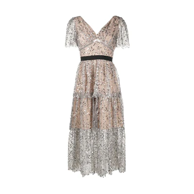 (Women) Self-Portrait V-neck Sequin Short Sleeve Dress Gunmetal Color SWF203Y00700