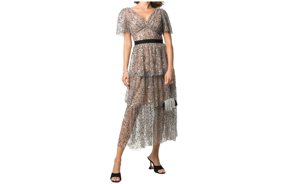 (Women) Self-Portrait  V-neck Sequin Short Sleeve Dress Gunmetal Color SWF203Y00700 圖 2