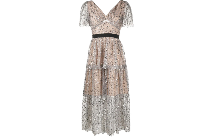 (Women) Self-Portrait  V-neck Sequin Short Sleeve Dress Gunmetal Color SWF203Y00700 圖 4