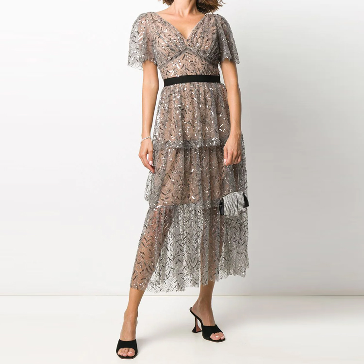 (Women) Self-Portrait  V-neck Sequin Short Sleeve Dress Gunmetal Color SWF203Y00700 圖 5