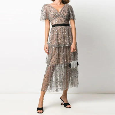 (Women) Self-Portrait V-neck Sequin Short Sleeve Dress Gunmetal Color SWF203Y00700 Purchase (Women) Self-Portrait V-neck Sequin Short Sleeve Dress Gunmetal Color SWF203Y00700