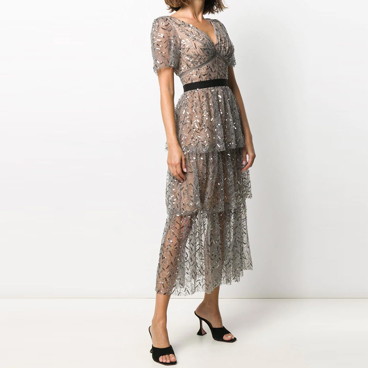 (Women) Self-Portrait  V-neck Sequin Short Sleeve Dress Gunmetal Color SWF203Y00700 圖 6