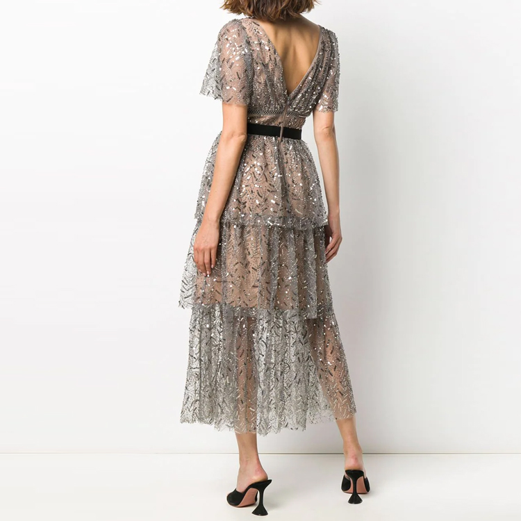 (Women) Self-Portrait  V-neck Sequin Short Sleeve Dress Gunmetal Color SWF203Y00700 圖 7