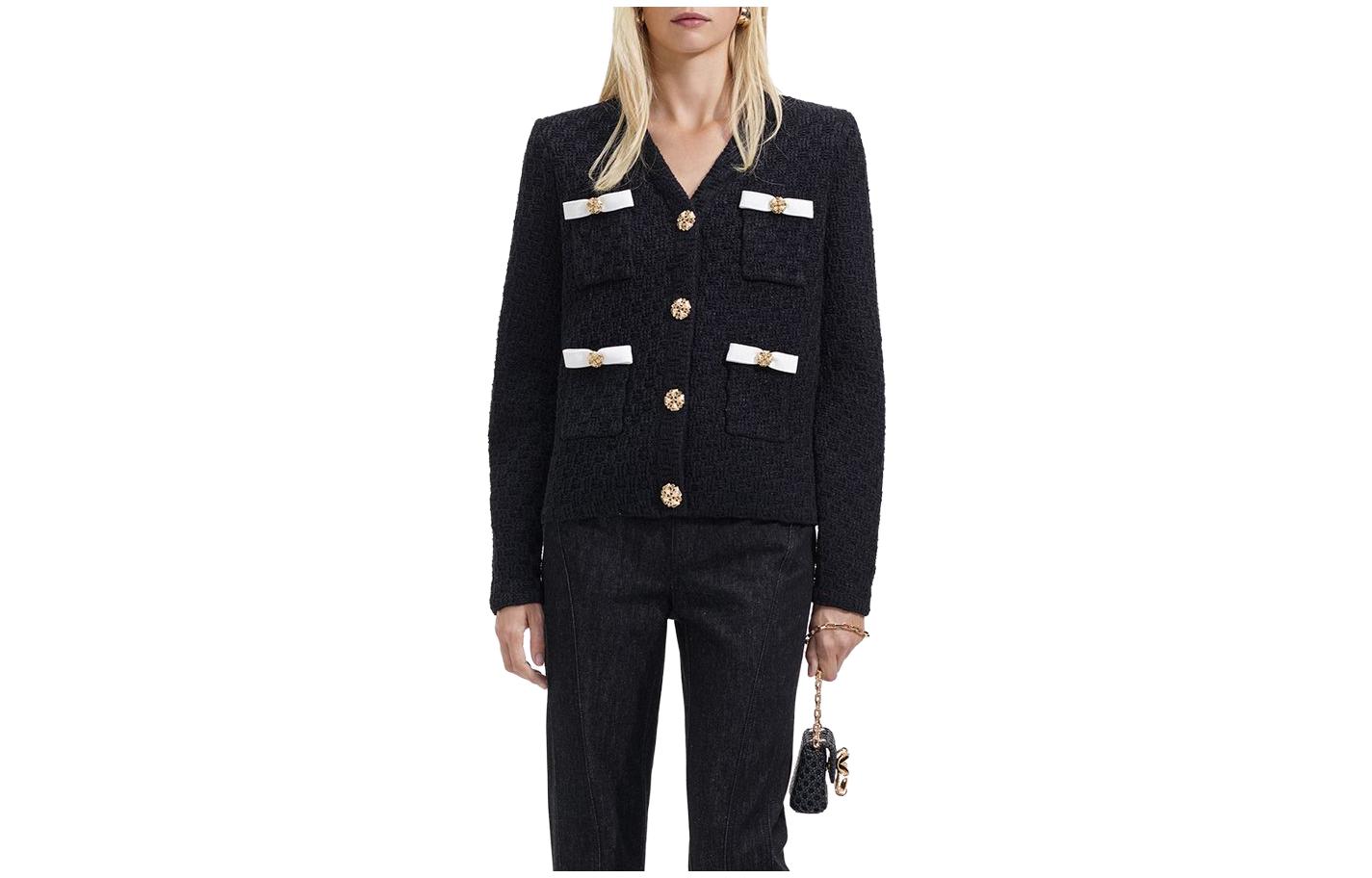 (Women) Self-Portrait  V-Neck Single-Breasted Knit Cardigan in Classic Black. SWF351M02800