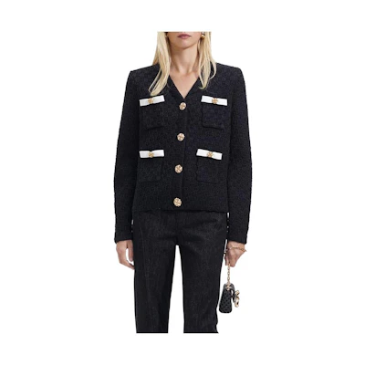 (Women) Self-Portrait V-Neck Single-Breasted Knit Cardigan in Classic Black. SWF351M02800