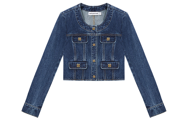 (Women) Self-Portrait  Washed Denim Button-Front Cropped Jacket in Blue. SWF352T02100