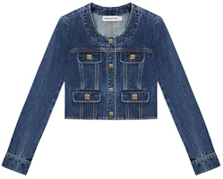 (Women) Self-Portrait Washed Denim Button-Front Cropped Jacket in Blue. SWF352T02100 (Women) Self-Portrait Washed Denim Button-Front Cropped Jacket in Blue. SWF352T02100
