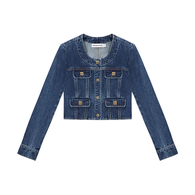 (Women) Self-Portrait Washed Denim Button-Front Cropped Jacket in Blue. SWF352T02100