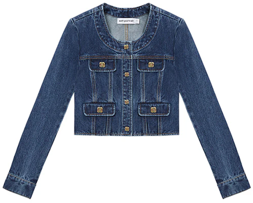 (Women) Self-Portrait Washed Denim Button-Front Cropped Jacket in Blue. SWF352T02100 Order (Women) Self-Portrait Washed Denim Button-Front Cropped Jacket in Blue. SWF352T02100