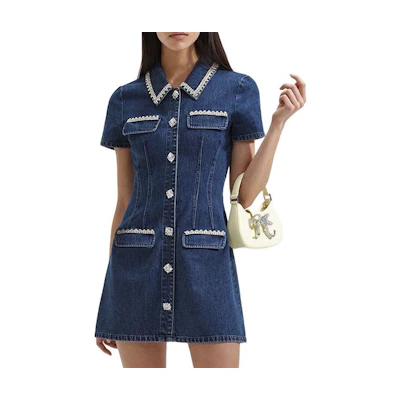 (Women) Self-Portrait Washed Denim Short Sleeve Mini Dress in Denim Blue. SWF352Y24200