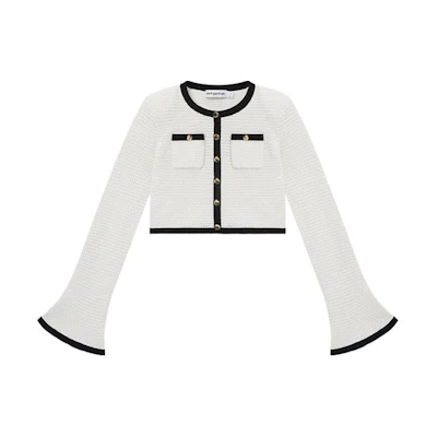 (Women) Self-Portrait White and Black Contrast Knit Cardigan Long Sleeve. SWF352M06400