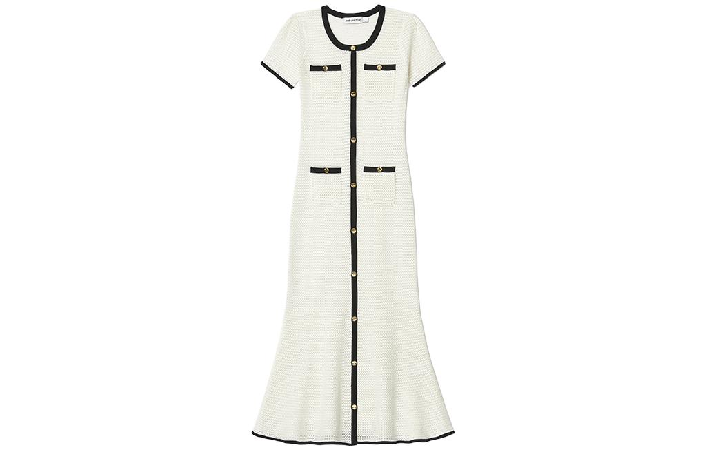 (Women) Self-Portrait  White and Black Elegant Short Sleeve Polo Collar Dress. SWF352M06200